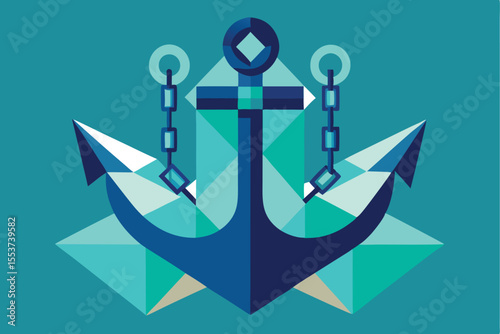 Simple anchor design showcasing geometric shapes and chains against a flat ocean background illustrating nautical themes and artistry