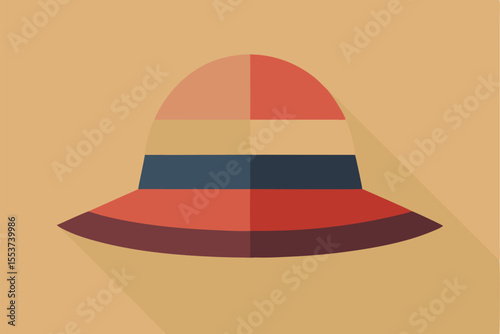 Simple and colorful hat illustration showcasing flat geometric design with a broad brim against a warm background