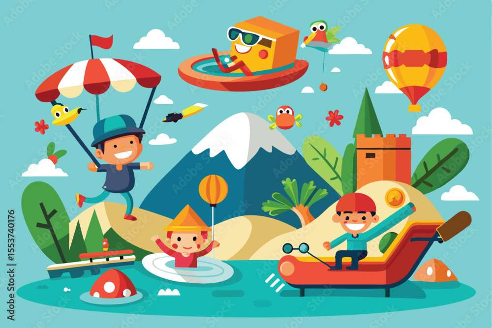 Fototapeta premium Enjoying extreme leisure activities in a vibrant cartoon landscape filled with mountains, lakes, and cheerful characters engaging in fun pursuits