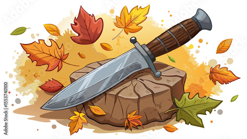 Hunting knife with wooden handle on stone surface surrounded by autumn leaves  white background
