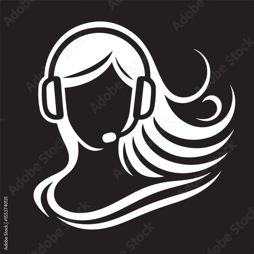 Minimalistic depiction of a female figure with a headset representing a customer service assistant, symbolizing professionalism, communication, and modern business services