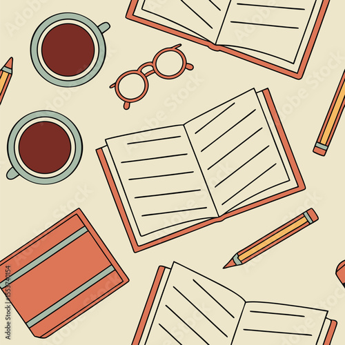 An arranged seamless pattern of open books, pencils, tea and glasses creates a cozy image