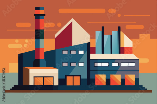 Minimalist factory building with clean geometric design and smoke billowing from the chimney in a sunset backdrop