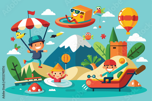 Enjoying extreme leisure activities in a vibrant cartoon landscape filled with mountains, lakes, and cheerful characters engaging in fun pursuits