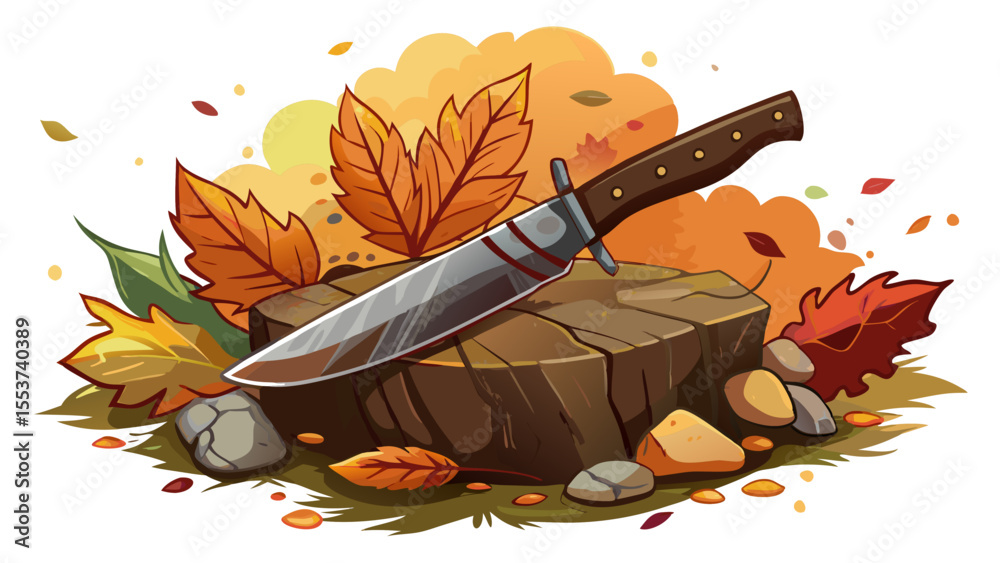 Hunting knife with wooden handle on stone surface surrounded by autumn leaves  white background