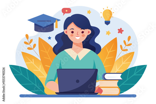 Engaging female student using a laptop for online learning and working on educational tasks at home surrounded by books and creative elements