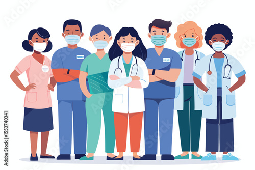 Seven diverse healthcare workers collaborate in unity and professionalism while promoting health and care during a community health initiative