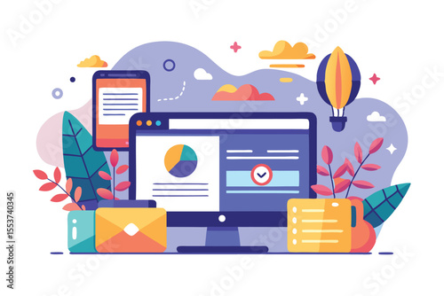 Concept illustration of website featured snippets showing digital devices, analytics, and design elements in a colorful, engaging environment