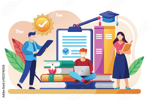 Graduate students working on their thesis and dissertation surrounded by educational materials in a bright, engaging environment