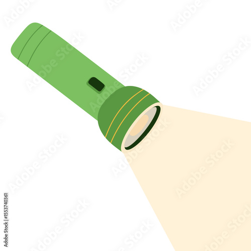 
Camping flashlight vector illustration. Flat digital illustration of a glowing green camping flashlight shining bright beam of light. Perfect for outdoor adventure designs, hiking gear icons