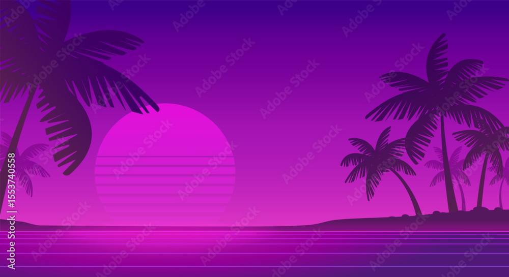 Naklejka premium Retro futuristic sunset landscape background of 80's - 90's style with palms silhouette on the dark purple neon beach - cyberpunk vector dsgn for Synthwave music cover and surf party banner design