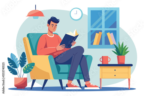 Young man relaxes in a cozy armchair while engrossed in a book during the afternoon in a bright, inviting living room
