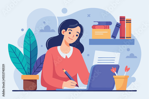 Woman engaged in writing a contract at a desk with books and plants in a bright, stylish workspace during the day