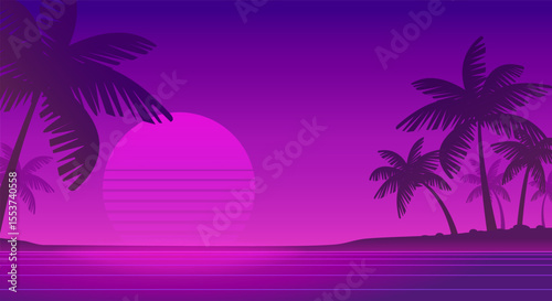 Retro futuristic sunset landscape background of 80's - 90's style with palms silhouette on the dark purple neon beach - cyberpunk vector dsgn for Synthwave music cover and surf party banner design