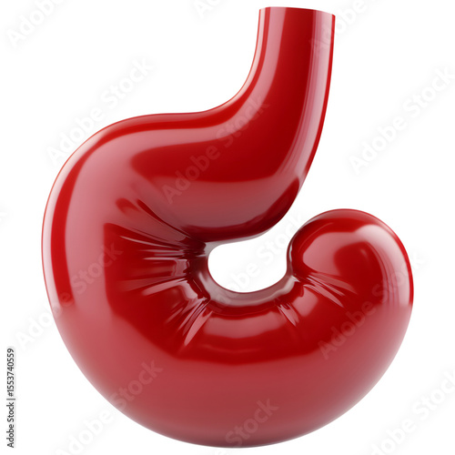 Anatomical illustration of a glossy human stomach in red isolated on white with reflections