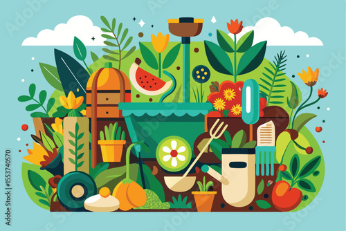 Vibrant composting cycle with diverse plants thriving in a garden environment during mid-morning sunlight