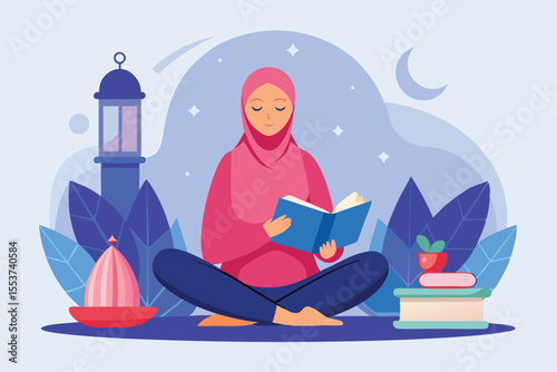 Muslimah reading Quran in serene setting with lanterns and nature at dusk