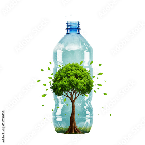 Plastic bottle with tree growing inside symbolizing recycling  