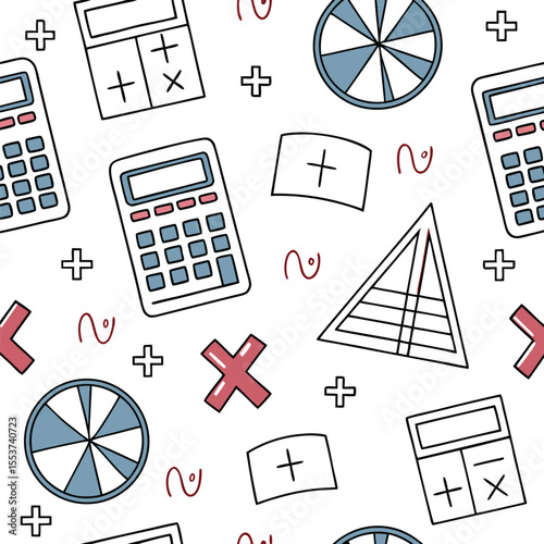 Colorful mathematics elements including calculators and geometric shapes make a vibrant seamless pattern