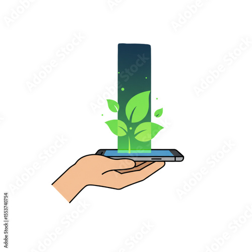 Hand holding smartphone with green leaves emerging from screen  