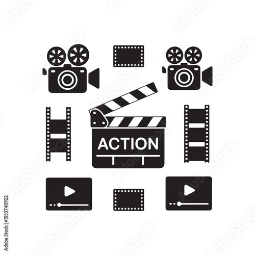 Cinema line and flat icons. Camera, film, clapper board, reel, player icon. Vector