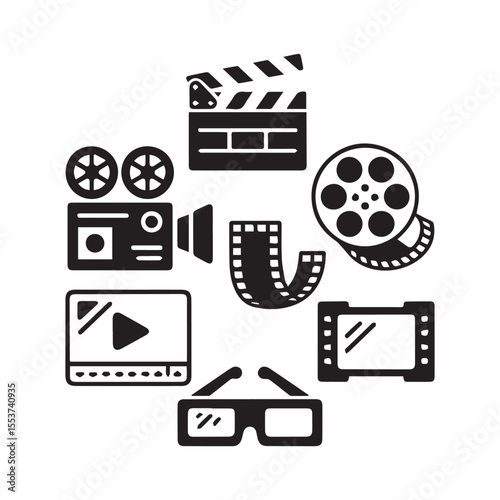 Cinema line and flat icons. Camera, film, clapper board, reel, player icon. Vector