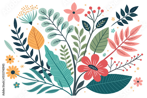 
Abstract botanical collage with colorful hand-drawn flowers and leaves seamless vector floral pattern in modern minimalist style, Vector modern graphic illustration of colorful flowers and leaves


