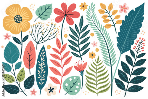 
Abstract botanical collage with colorful hand-drawn flowers and leaves seamless vector floral pattern in modern minimalist style, Vector modern graphic illustration of colorful flowers and leaves

