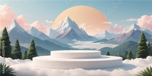 Winter mountain landscape with snow, clouds, and a serene lake