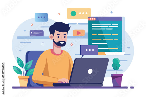 Programmer focuses on coding using laptop in a modern workspace filled with plants, showcasing a lively and productive atmosphere