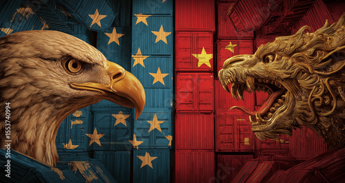 USA and China trade war. US of America and Chinese flags crashed