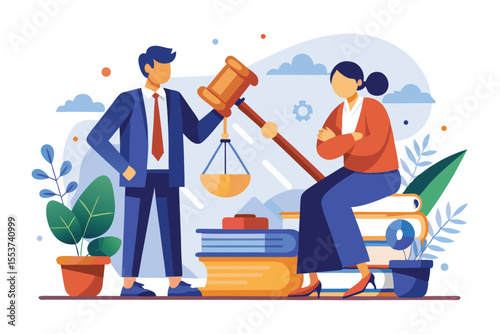 Lawyer consults client with gavel held high amidst books and plants, illustrating the importance of legal advice in a modern setting