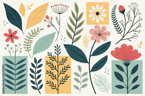 
Abstract botanical collage with colorful hand-drawn flowers and leaves seamless vector floral pattern in modern minimalist style, Vector modern graphic illustration of colorful flowers and leaves

