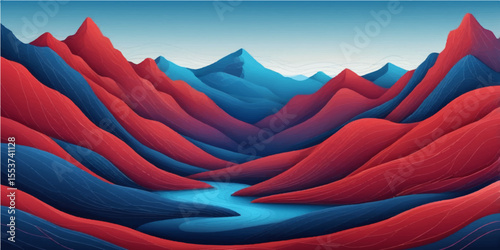 Pink and blue satin waves illustrate a vibrant, colorful landscape in the mountains, reminiscent of textured silk fabric