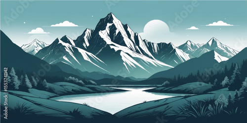 Snowy peaks dominate a vast winter mountain landscape under a cold sky, perfect for alpine travel