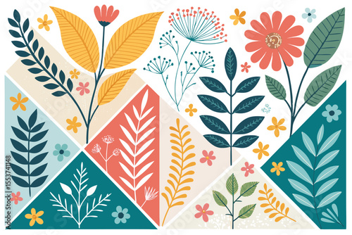 
Abstract botanical collage with colorful hand-drawn flowers and leaves seamless vector floral pattern in modern minimalist style, Vector modern graphic illustration of colorful flowers and leaves

