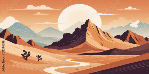 Morning desert landscape with orange sky, sun, and mountain silhouettes