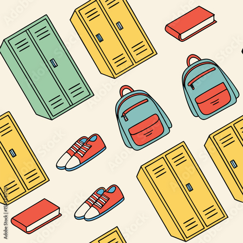 Various school supplies including lockers, shoes, books, and backpacks are arranged on the ground