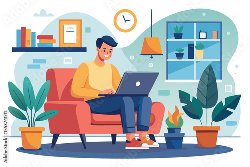 Man working at laptop while sitting comfortably in an armchair in a cozy home office decorated with plants and shelves during the day
