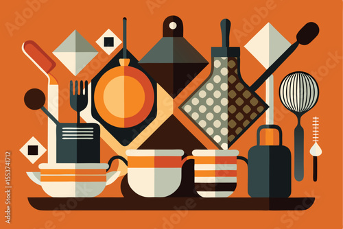 Illustration of flat kitchen utensils arranged on a vibrant orange background showcasing a variety of cookware and tools