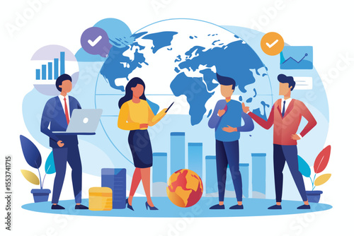 Experts engage in strategic discussion on global trade investment strategy with a focus on market analysis and team collaboration in a vibrant setting