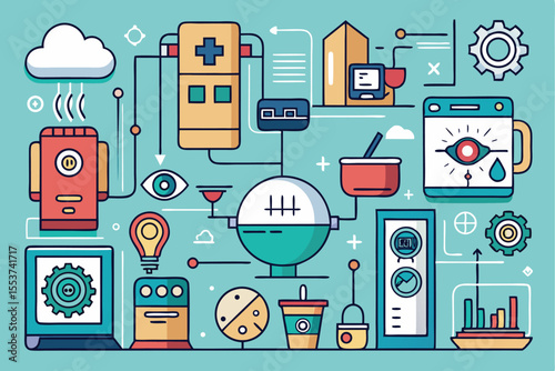 Various line icons representing modern household items and activities, showcasing technology and daily life in a contemporary living space