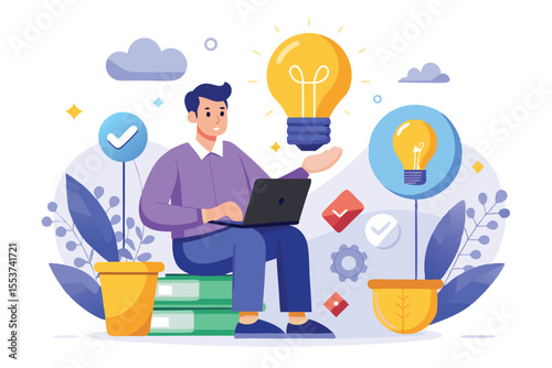 Innovative investment strategy in flat design illustration showcasing a person brainstorming with lightbulbs and technology elements in a modern workspace