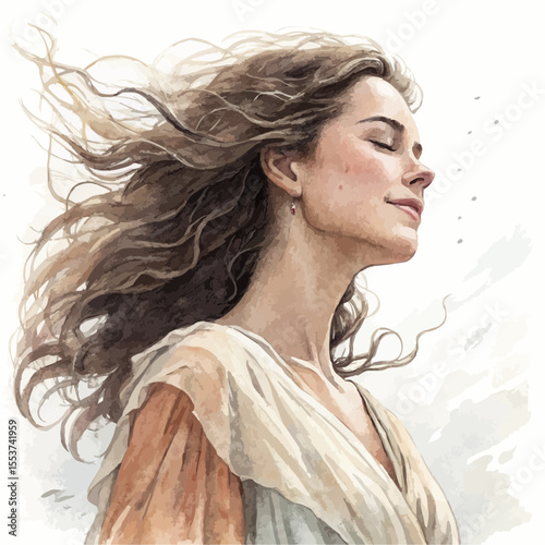 Realistic vector illustration with watercolor and charcoal textures of a serene woman whose hair and loose dress flow gently in the wind. Her calm gaze and soft smile evoke freedom and quiet strength.