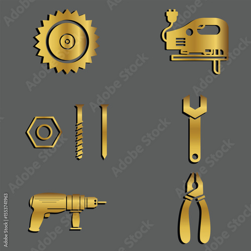 Golden Construction Tools and Hardware Icon Set