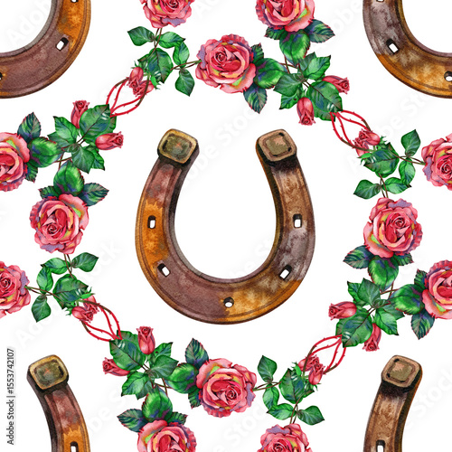 Seamless pattern with horseshoes. Watercolor. illustration.
