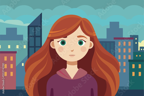 Flat girl with long hair stands against a vibrant cityscape backdrop showing skyscrapers under a cloudy sky at dusk, capturing a moment of urban tranquility and reflection