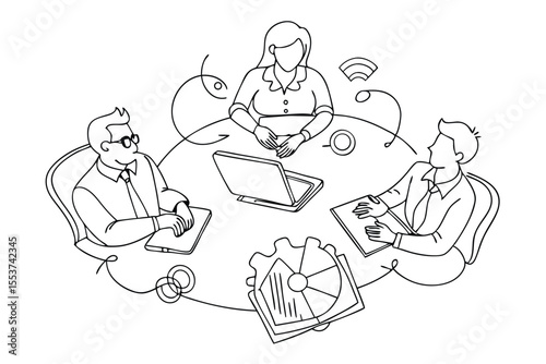 Discussion among three business professionals in a continuous line drawing, depicting a collaborative work environment with digital tools and business elements