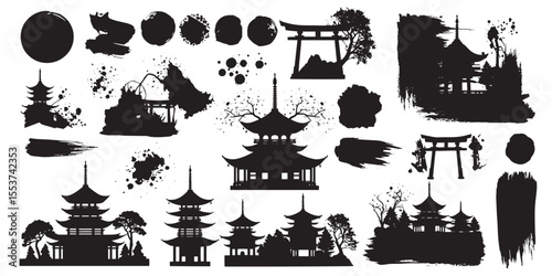 Japanese architectural elements in black ink style with pagodas and torii gates
