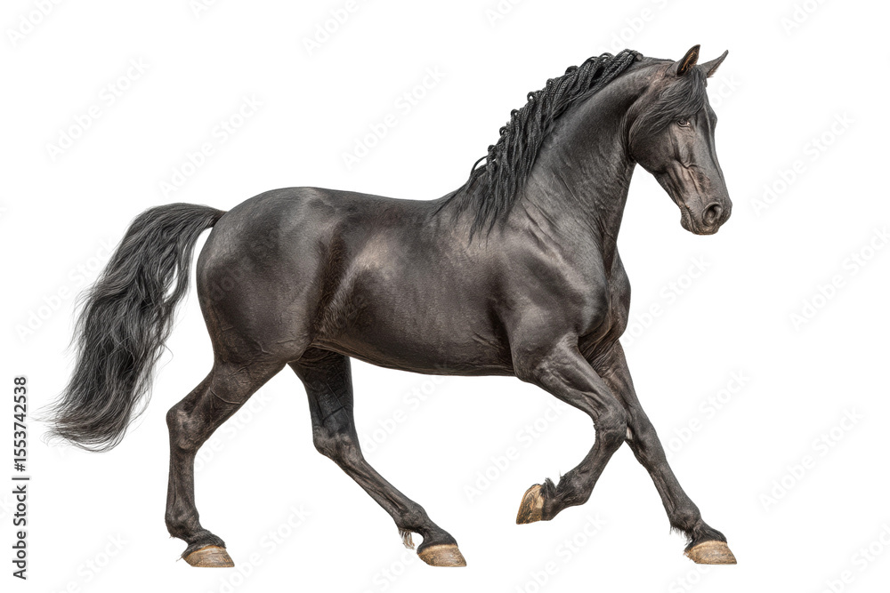 Fototapeta premium PNG Majestic black horse trotting with grace on transparent background